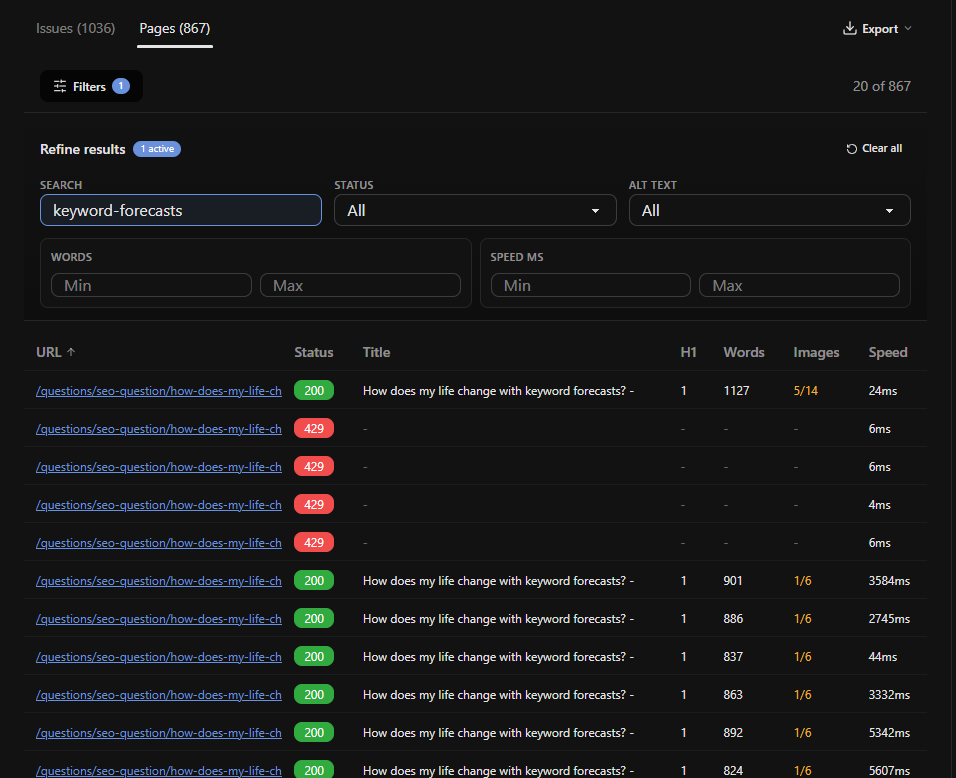 Example: answer permalinks sharing one title Example: site audit pages tab filtered to one question slug, with several URLs sharing the same title and similar word counts