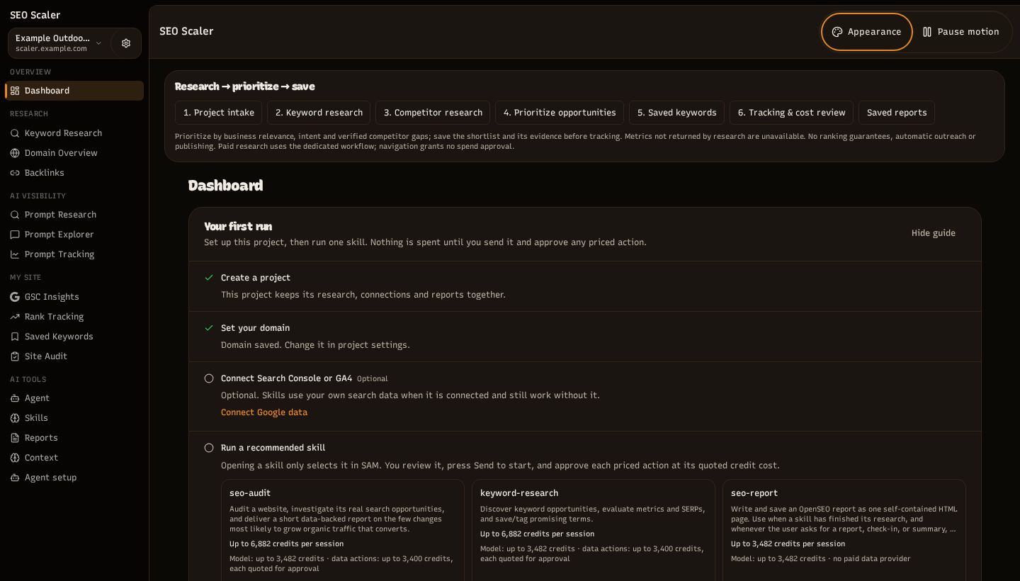 Screenshot: project dashboard and next actions