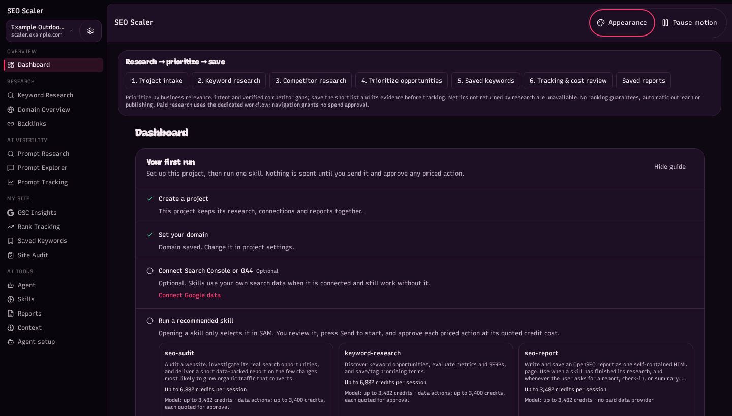 Screenshot: project dashboard and next actions