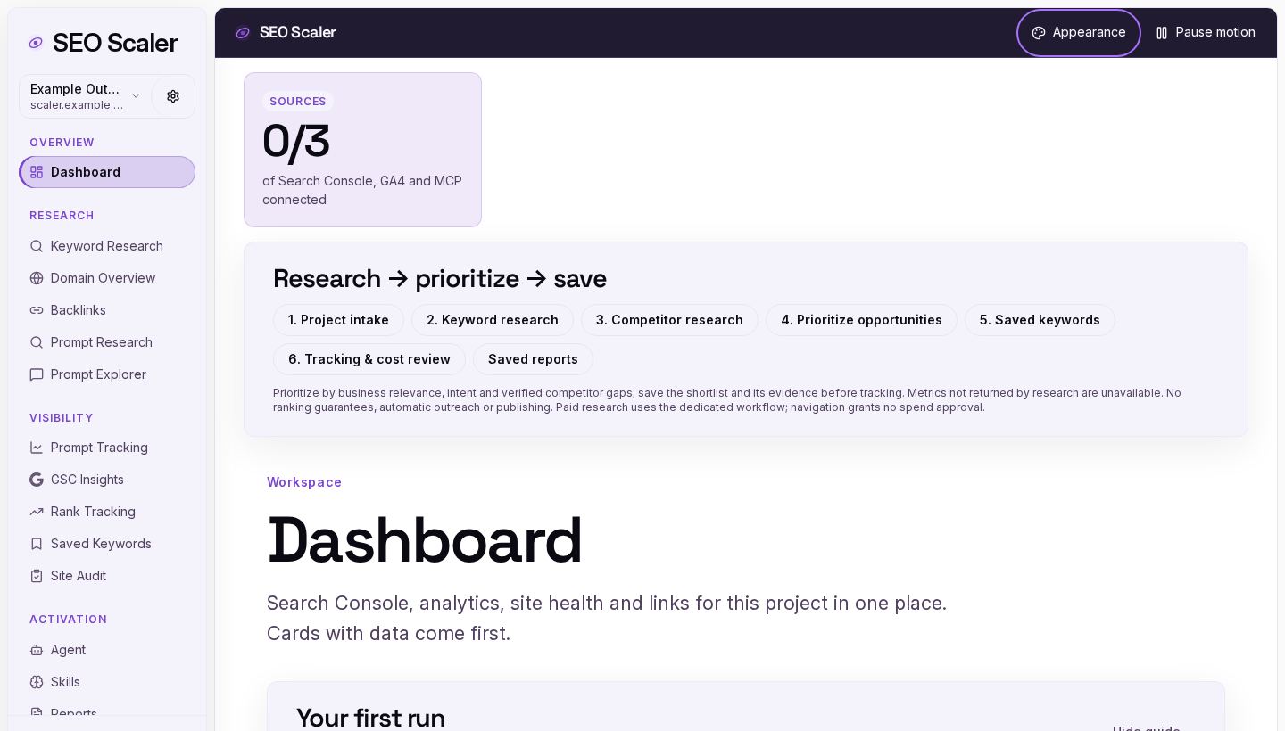 Screenshot: project dashboard and next actions