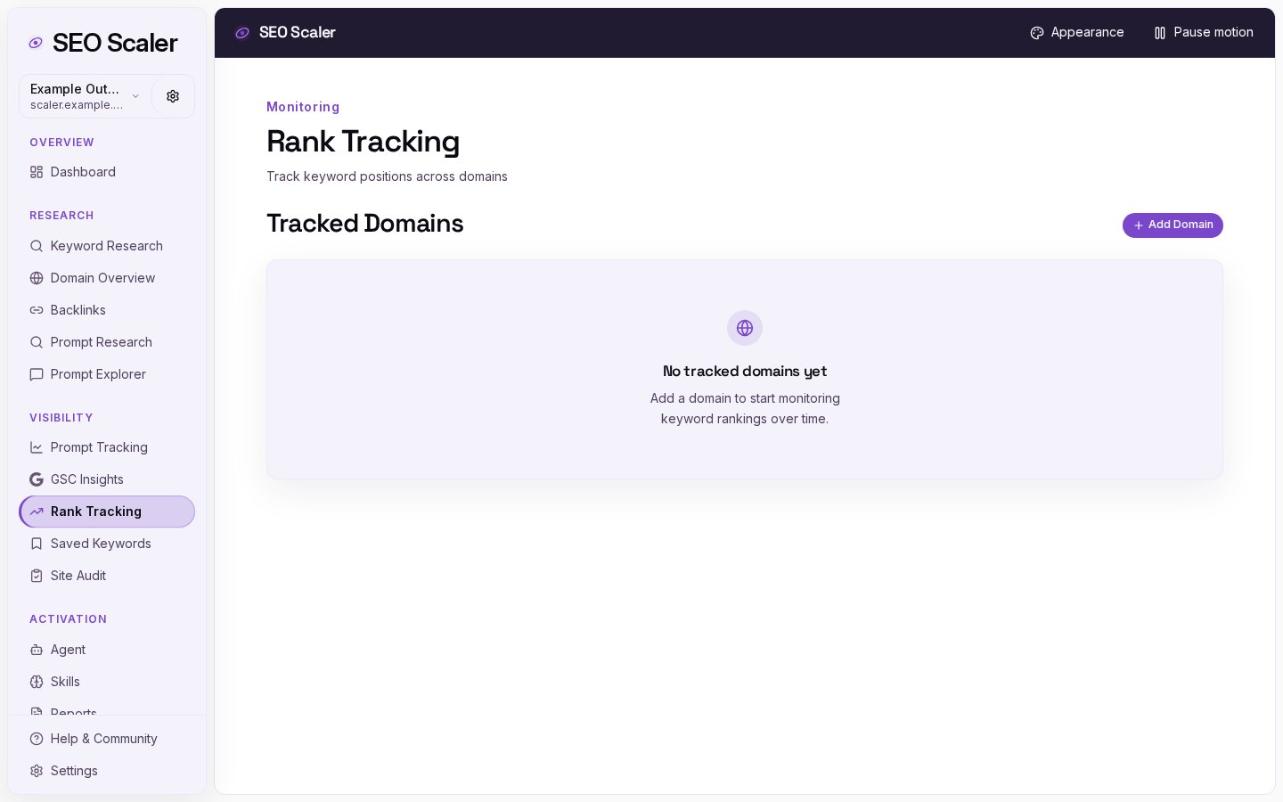 Rank Tracking: Rank tracking workspace before keywords have been tracked