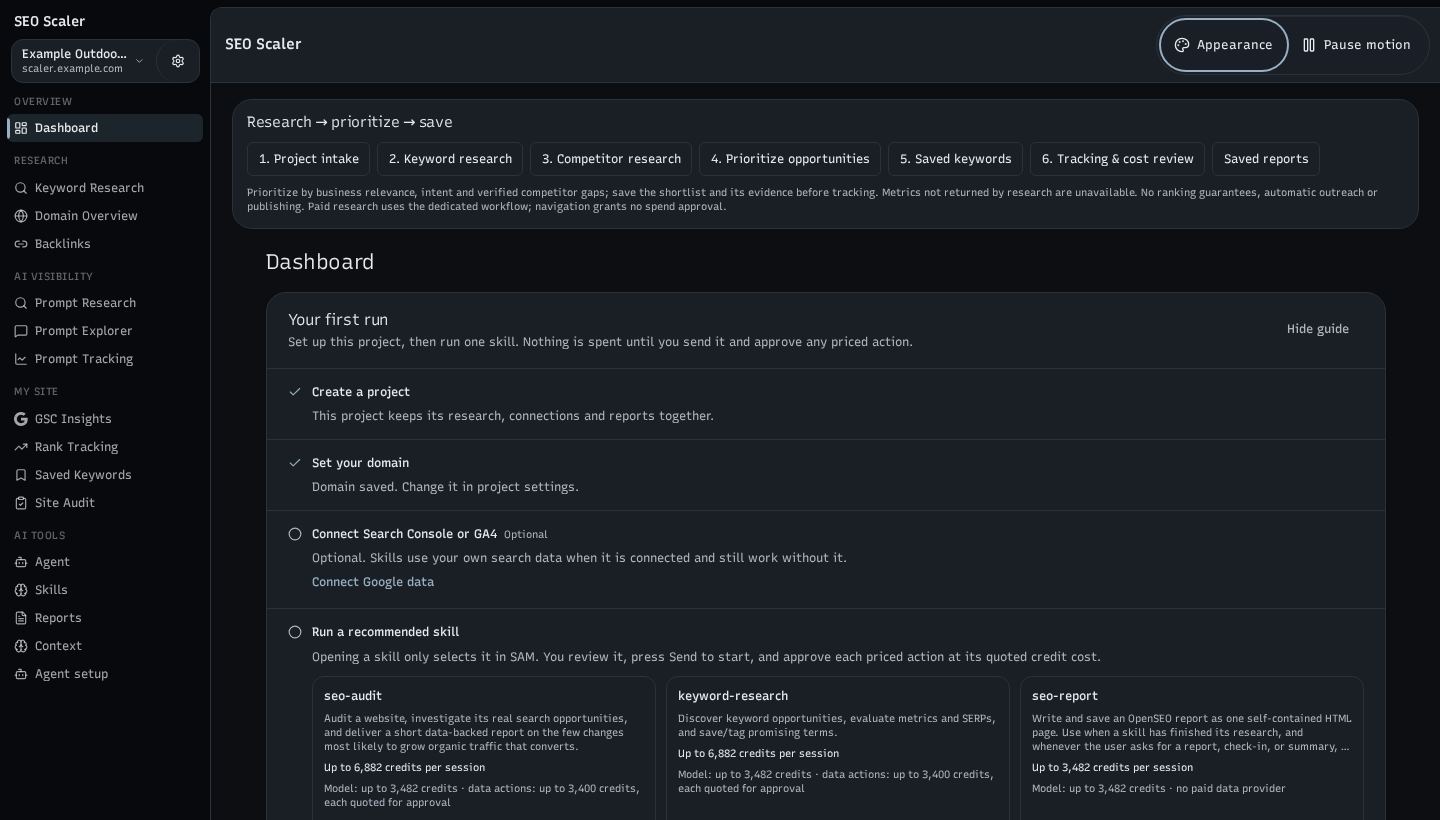 Screenshot: project dashboard and next actions