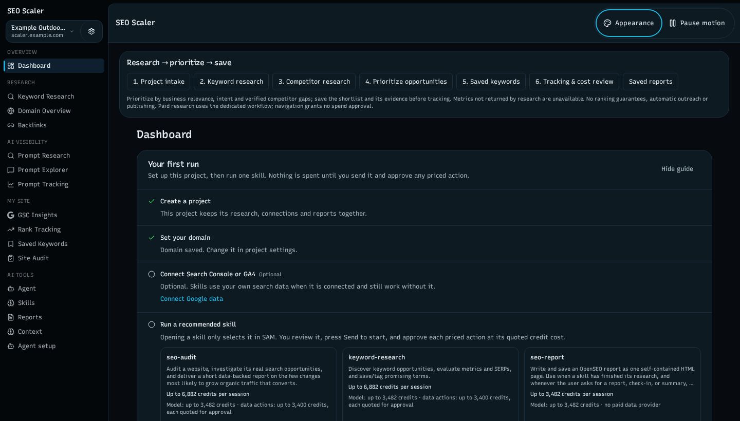 Screenshot: project dashboard and next actions